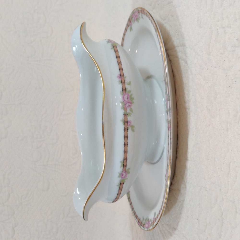 J&C Bavarian Hand-painted Rose Gravy Boat Gold Trim